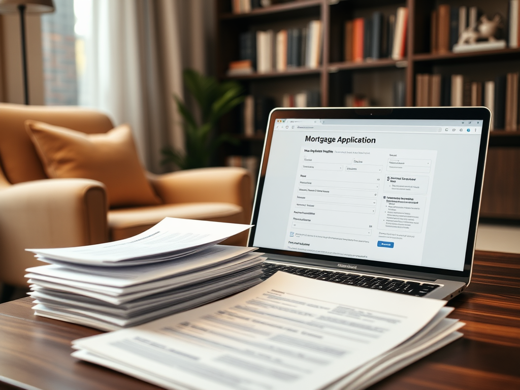 Компьютер с открытым заявлением на ипотеку и стопкой документов на столе в уютной комнате.