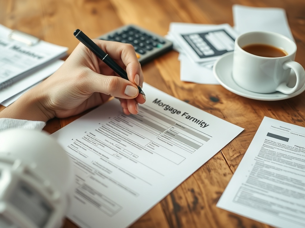 На столе находятся документы, ручка и чашка кофе, человек заполняет анкету о ипотеке.