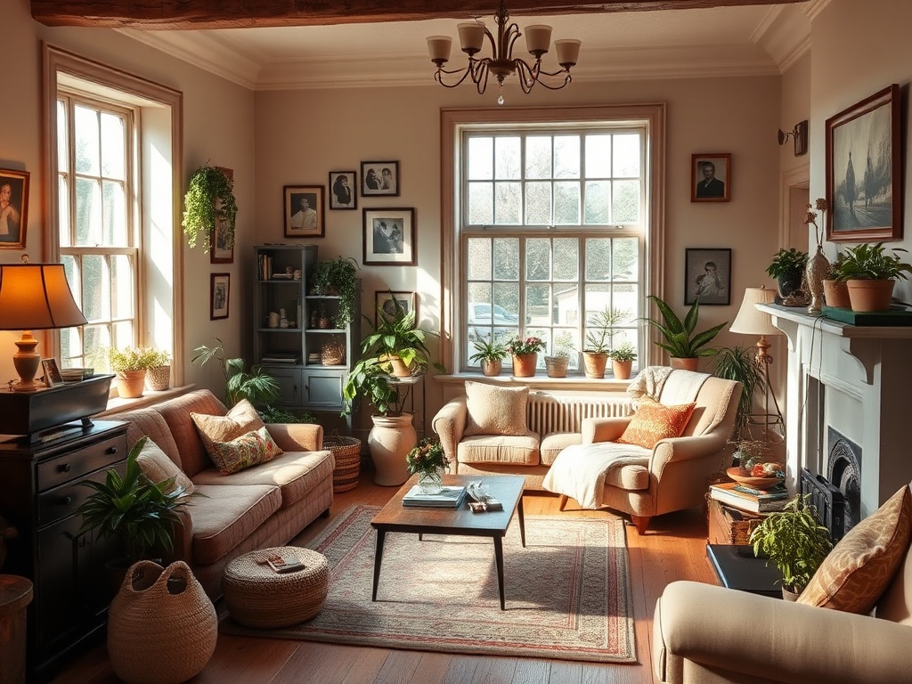Уютная гостиная с окнами, зелеными растениями, мягкой мебелью и картины на стенах. Теплый свет.