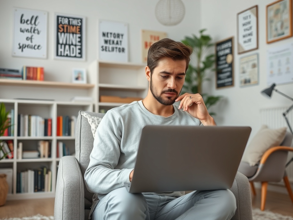 Мужчина сидит в удобном кресле с ноутбуком, задумчиво смотрит на экран в светлом интерьере.