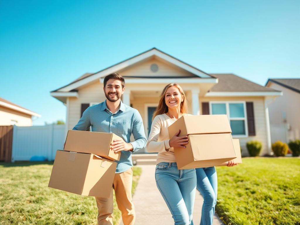 Два человека с коробками идут к своему дому на фоне ясного голубого неба. Счастливые и довольные.