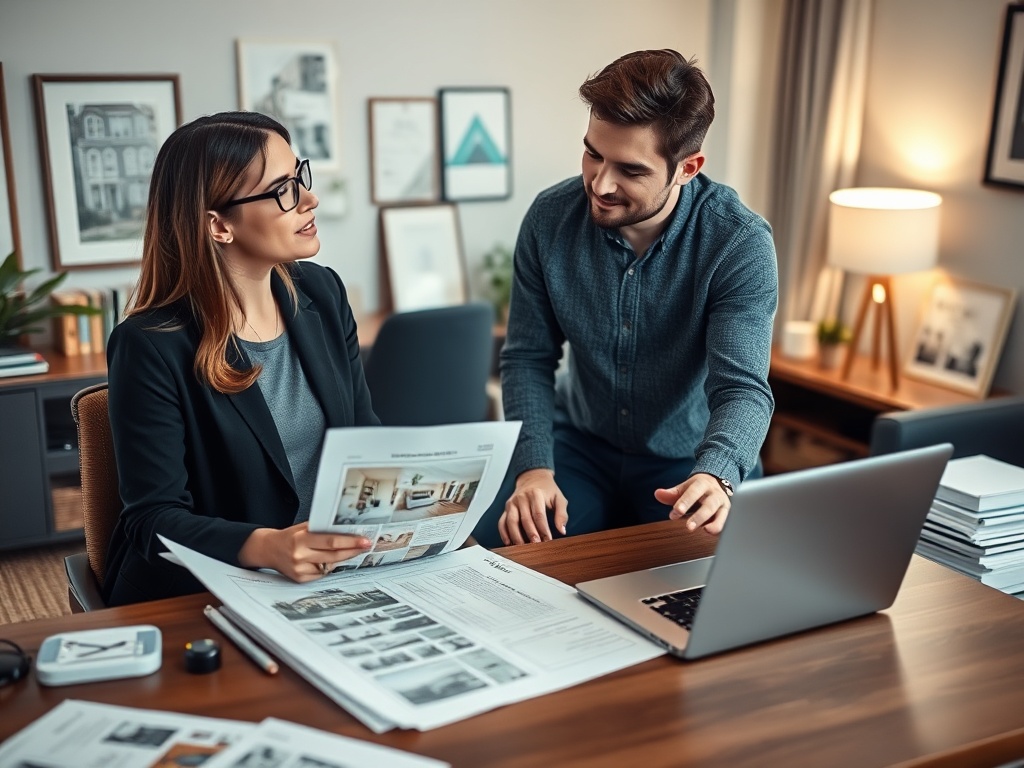 На изображении мужчина и женщина обсуждают документы в офисе, работа ведётся за столом с ноутбуком.