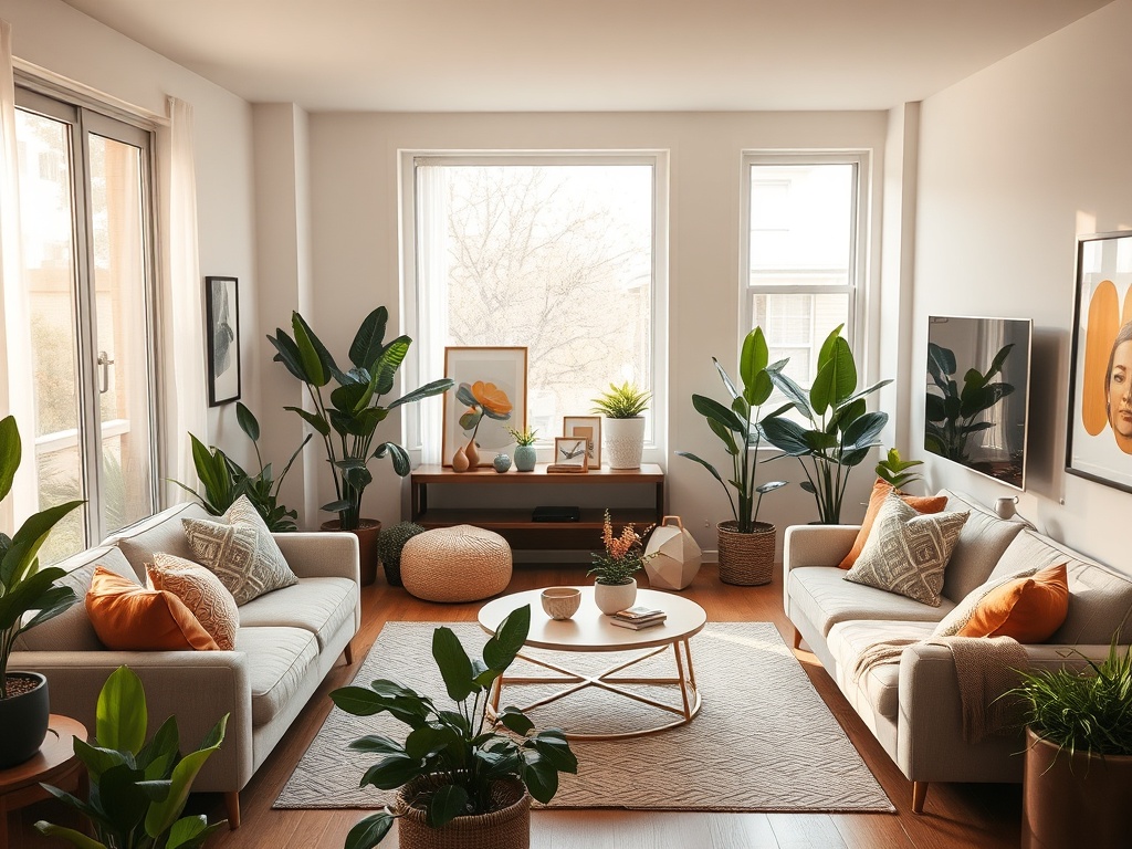 Уютная гостиная с зелеными растениями, мягкой мебелью и круглым столом. Светлое помещение с большими окнами.