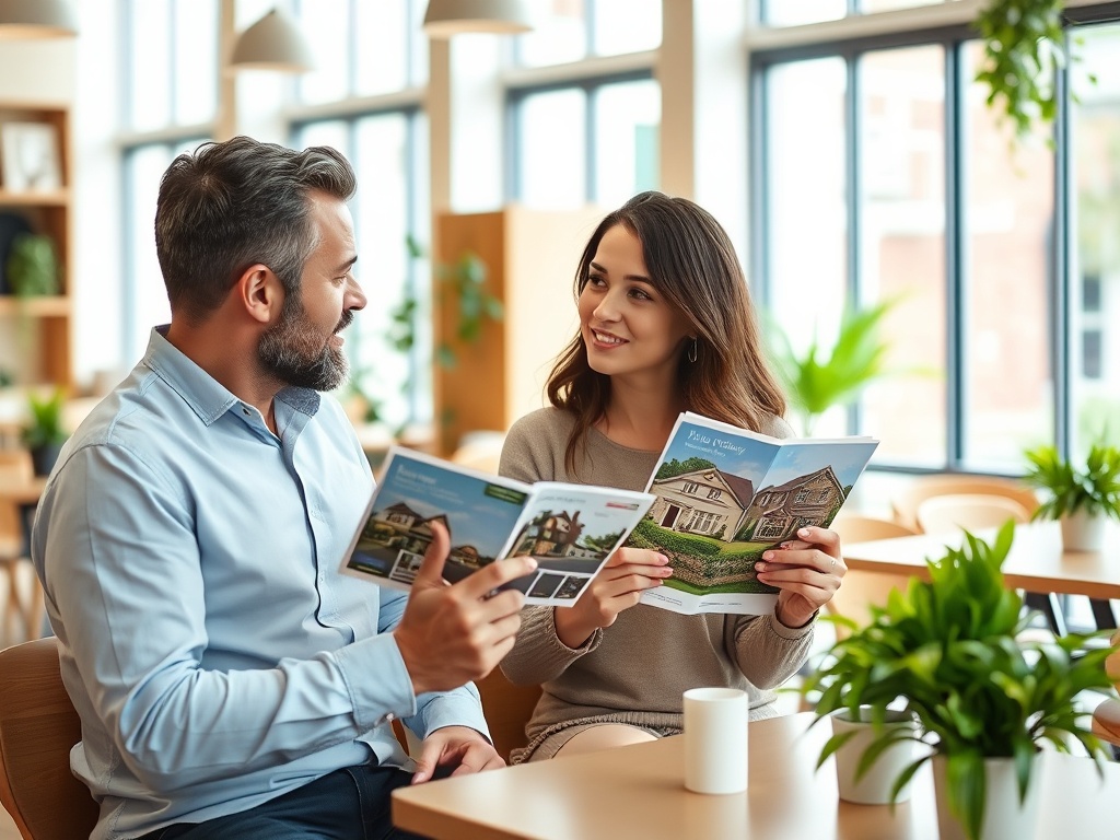 Два человека в кафе обсуждают дома, рассматривая буклеты на столе между ними. Зеленые растения вокруг.