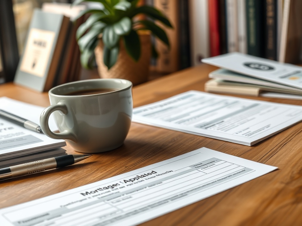 На столе лежат документы по ипотеке, рядом чашка с кофе и ручка. На заднем плане видны книги и зелёное растение.