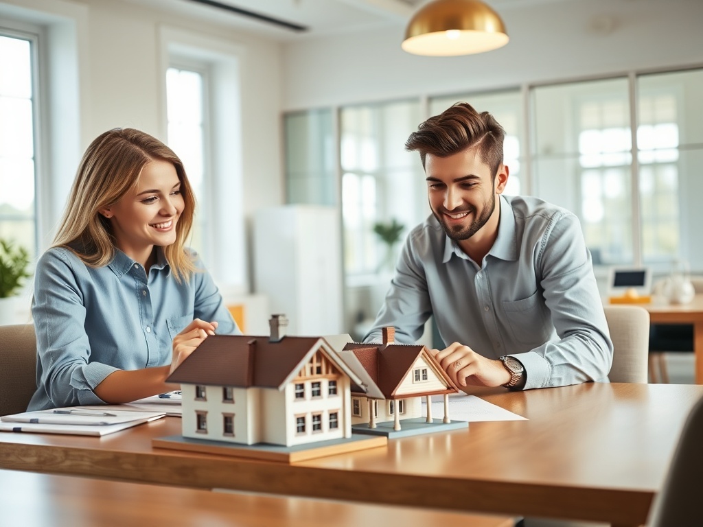 Два человека обсуждают планы на будущее, рассматривая модели домов на столе в офисе.