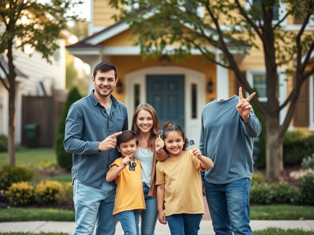 Семья на фоне дома, улыбается и держит ключи от нового жилья в руках. Дети показывают жест "мир".