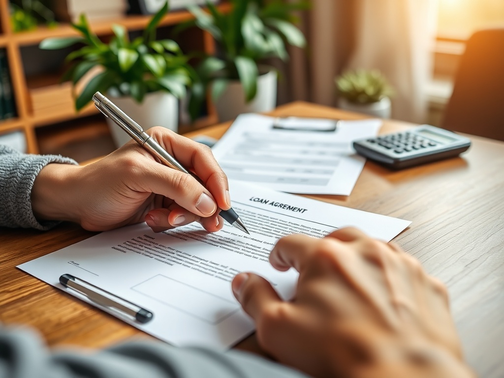 Человек заполняет займовой договор на столе, окружённом документами и калькулятором.