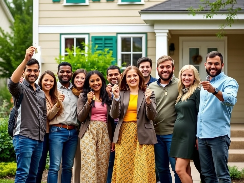 Группа людей радуется, глядя на камеру и держа ключи от нового дома. Счастливые эмоции и улыбки.